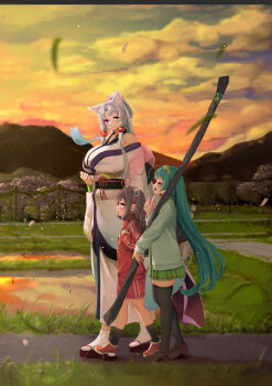 3girls alternate_costume animal_ears backpack bag black_socks black_thighhighs breasts cardigan cloud cloudy_sky commentary_request evening finger_to_own_chin flower_knot fox_ears from_side ghost grass green_cardigan green_hair green_skirt gym_shorts height_difference highres holding holding_bag holding_strap huge_breasts index_finger_raised jacket japanese_clothes kimono loafers looking_at_another mountainous_horizon multiple_girls ne_an_ito nhk_(voiceroid) obi obijime off_shoulder okobo open_mouth outdoors over_shoulder path pink_eyes plastic_bag platform_sandals pleated_skirt profile red_jacket red_shorts rice_paddy road rural sandals sash school_uniform shoes shorts siblings side-by-side sisters skindentation skirt sky sleeveless sleeveless_kimono slit_pupils smile sneakers socks thick_thighs thighhighs thighs touhoku_itako touhoku_kiritan touhoku_zunko track_jacket turtleneck turtleneck_jacket voiceroid walking weapon_bag white_kimono yumi_(bow)