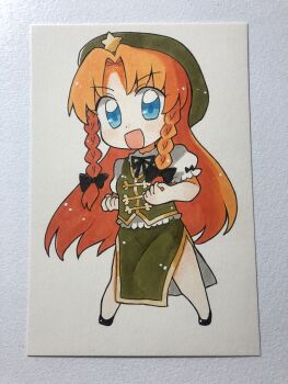 Rule 34 | 1girl, bad id, bad twitter id, beret, black ribbon, blue eyes, bow, braid, chibi, chibi only, commentary, full body, green hat, green skirt, green vest, hair bow, hat, hat ornament, highres, hong meiling, long hair, looking at viewer, maa (forsythia1729), neck ribbon, open mouth, orange hair, pelvic curtain, photo (medium), puffy short sleeves, puffy sleeves, ribbon, shirt, short sleeves, side slit, skirt, smile, solo, star (symbol), star hat ornament, touhou, traditional media, twin braids, very long hair, vest, white shirt