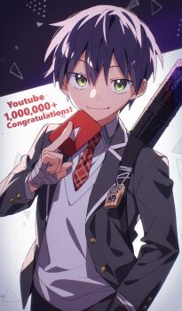 Rule 34 | 1boy, absurdres, bandaged hand, bandages, black jacket, blazer, closed mouth, collared shirt, commentary request, congratulations, green eyes, hair between eyes, hand in pocket, highres, holding, jacket, kenmochi touya, long sleeves, looking at viewer, male focus, milestone celebration, necktie, nijisanji, omamori, open clothes, open jacket, purple hair, red necktie, school uniform, shirt, shoulder strap, simple background, solo, sweater vest, upper body, virtual youtuber, weapon bag, wool bl, youtube