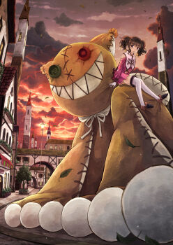 00s 1girl anise_tatlin black_eyes black_hair city cloud doll female_focus gloves highres leaf pink_skirt shoes short_hair sitting size_difference skirt smile solo tales_of_(series) tales_of_the_abyss thighhighs tokunaga_(tales) tree twintails white_thighhighs yakka