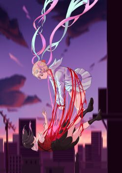 2girls absurdres ame-chan_(needy_girl_overdose) amely_elden antennae black_footwear black_hair black_skirt black_socks blonde_hair blood blood_string blue_bow blue_eyes blue_hair bow building chinese_commentary chouzetsusaikawa_tenshi-chan cityscape cloud collar collared_shirt commentary commentary_request dual_persona dusk english_commentary expressionless falling full_body hair_bow hair_tie highres iridescent_clothes jirai_kei long_hair long_sleeves looking_at_another medium_hair mixed-language_commentary multicolored_hair multiple_girls multiple_hair_bows needy_girl_overdose outdoors pink_bow pink_hair pleated_skirt purple_bow quad_tails red_shirt sailor_collar school_uniform serafuku shirt shirt_tucked_in skirt sky socks suspender_skirt suspenders twilight very_long_hair white_collar yellow_bow