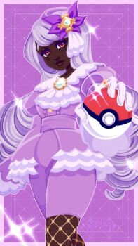 1girl ascot bitterbatbaby brooch brown_eyes cowboy_shot dark-skinned_female dark_skin dress fishnet_pantyhose fishnets frilled_ascot frilled_dress frilled_sleeves frills glint gloves gold_ring hair_ornament highres holding holding_poke_ball jacinthe_(pokemon) jewelry juliet_sleeves lipgloss long_hair long_sleeves looking_at_viewer low_drills nintendo outstretched_hand pantyhose pencil_dress poke_ball poke_ball_(basic) pokemon pokemon_legends:_z-a puffy_sleeves purple_dress purple_hair smile solo sparkle very_dark_skin