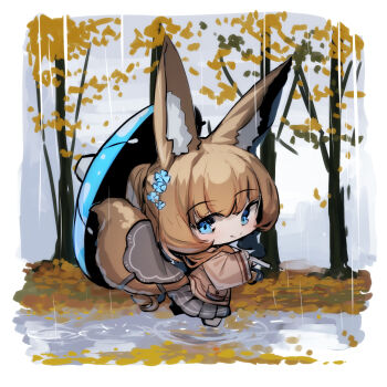 1girl animal_ears blonde_hair blue_eyes blue_umbrella brown_jacket closed_mouth commentary_request fox_ears fox_girl fox_tail from_side grey_skirt highres holding holding_umbrella jacket long_sleeves looking_at_viewer looking_to_the_side original outdoors overcast pleated_skirt puddle rain ripples skirt sky smile solo tail tree umbrella walking wide_sleeves yuuji_(yukimimi)