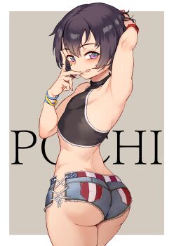 1boy :p absurdres american_flag american_flag_print arm_up armpits ass black_hair blush border character_name colored_sclera covered_erect_nipples cowboy_shot crop_top cutoffs english_text flag_print gluteal_fold halterneck highres jairou licking_lips looking_at_viewer looking_back male_focus no_panties original pink_sclera pochi_(jairou) short_hair short_shorts shorts shota side-tie_shorts simple_background smile solo tongue tongue_out trap