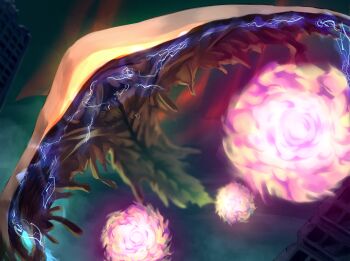 absurdres beached_thing commission death_stranding_2:_on_the_beach electricity fireball flying highres monster monster_focus night night_sky no_humans ruins skeb_commission sky stingray torn_wings wings yu_da_yu_da