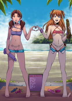 2girls :p absurdres anal_beads bare_arms bare_legs bare_shoulders barefoot beach blue_sky bracelet breasts butt_plug cameltoe choker cleavage cleft_of_venus covered_erect_nipples criss-cross_halter day dildo exposed_pocket female_focus full_body hair_ornament halterneck heart heart_hands heart_hands_duo highres holding holding_sex_toy horaki_hikari huge_dildo jewelry long_hair looking_at_viewer medium_breasts menu_board micro_panties micro_shorts microskirt midriff multiple_girls nail_polish navel navel_piercing neon_genesis_evangelion nipple_piercing no_panties ocean open_fly open_mouth orange_hair outdoors panties piercing profanity pubic_tattoo pussy pussy_peek see-through_clothes sex_toy shorts sideboob skirt sky smile souryuu_asuka_langley standing stomach tattoo tekuho_no_habo tongue tongue_out tongue_piercing twintails uncensored underboob underwear vibrator