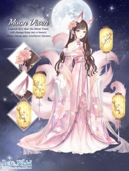 1girl animal_ear_fluff animal_ears artist_request bare_shoulders blunt_bangs brooch brown_hair carnation character_name chinese_clothes close-up closed_mouth cloud collared_shirt copyright_logo diamond_(shape) dot_nose english_text expressionless eyelashes floral_print flower flower_brooch fox_ears fox_girl fox_tail full_body full_moon hagoromo hair_flower hair_half_over_shoulder hair_ornament hanfu jewelry kitsune lantern lipstick logo long_hair long_sleeves makeup miracle_nikki moon moon_vixen_of_heart_(miracle_nikki) multiple_tails night nikki_(series) off_shoulder official_art outdoors paper_lantern pink_flower pink_hanfu purple_eyes red_lips shawl shirt sky sleeveless sleeveless_shirt sleeves_past_fingers sleeves_past_wrists solo standing star_(sky) starry_sky tail tassel tassel_hair_ornament third-party_source tsurime two-tone_sleeves very_long_hair wavy_hair white_shirt white_sleeves wide_sleeves