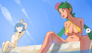2girls bikini blue_sky breasts commentary_request completely_nude flat_chest highres lana_(pokemon) large_breasts mallow_(pokemon) multiple_girls navel nintendo nude pokemon pokemon_sm pool public_indecency shoujosloop sky sun swimsuit topless_female undressing