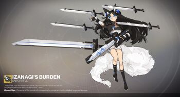 1girl absurdres animal_ears arm_up black_hair blue_eyes boots character_name destiny_(game) english_text female_focus floating floating_object fox_ears fox_tail frown full_body gun high_heels highres holding holding_gun holding_weapon izanagi&#039;s_burden_(destiny) leg_up long_hair personification rifle semi-rimless_eyewear shorts shuuko_(s_h_uuko) simple_background sniper_rifle solo sword tail under-rim_eyewear weapon wedge_heels white-framed_eyewear white_shorts