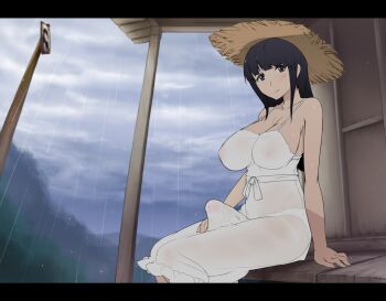 1futa abubu bare_shoulders black_hair blunt_bangs blush breasts bulge cleavage covered_erect_nipples dress elzikyuchi erection erection_under_clothes futanari hasshaku-sama hat impossible_clothes impossible_dress japanese_urban_legends large_breasts long_hair looking_at_viewer no_bra outdoors panties penis rain see-through_clothes sitting smile solo sundress third-party_edit underwear wet wet_clothes wet_dress white_panties