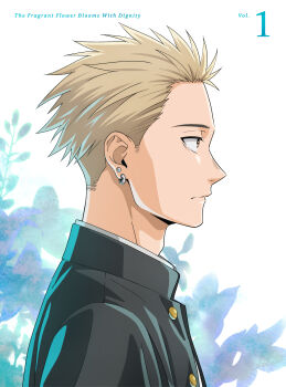 Rule 34 | 1boy, absurdres, black jacket, blonde hair, blu-ray cover, brown eyes, closed mouth, copyright name, cover, earrings, from side, gakuran, highres, jacket, jewelry, kaoru hana wa rin to saku, male focus, official art, profile, school uniform, short hair, solo, tsumugi rintarou, upper body
