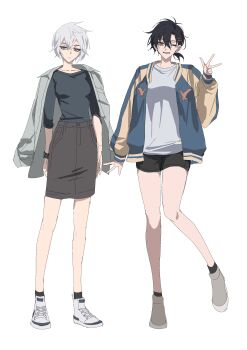 2girls :d absurdres antenna_hair arm_at_side black_hair black_shirt black_shorts black_socks blue_eyes blue_jacket breasts brown_skirt cheng_xiaoshi closed_mouth collarbone commentary_request expressionless foooo_goo full_body genderswap genderswap_(mtf) grey_jacket grey_shoes hair_between_eyes hair_ornament hairclip hand_up highres jacket jacket_on_shoulders jewelry leg_up letterman_jacket long_sleeves looking_at_viewer lu_guang medium_breasts multicolored_jacket multiple_girls one_eye_closed open_clothes open_jacket open_mouth ponytail shiguang_dailiren shirt shirt_tucked_in shoes short_hair short_ponytail shorts simple_background skirt smile sneakers socks standing standing_on_one_leg w watch waving white_background white_hair white_shirt white_shoes wristwatch yellow_eyes yellow_jacket