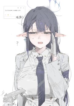 1girl ? absurdres adjusting_eyewear armband black_hair blue_archive blue_armband blue_hair blue_halo blue_necktie breast_press breasts buttons commentary_request confused earrings elf glasses gloves gun half-closed_eyes halo highres holding holding_gun holding_weapon jacket jewelry large_breasts le_(szs0k) long_hair long_sleeves multicolored_hair necktie open_mouth partially_shaded_face pointing_at_breasts pointy_ears rin_(blue_archive) school_uniform shirt shoulder_strap single_earring solo_focus straight_hair sweatdrop two-tone_hair very_long_hair weapon white_background white_gloves white_jacket white_shirt