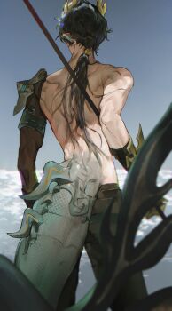 1boy absurdres back black_hair black_pants commentary_request dan_heng_(honkai:_star_rail) dan_heng_(permansor_terrae)_(honkai:_star_rail) dragon_boy dragon_horns dragon_tail facing_away from_behind highres holding holding_polearm holding_weapon honkai:_star_rail honkai_(series) horns kkuekkue_(chifer1958) long_hair looking_to_the_side male_focus muscular muscular_male pants pointy_ears polearm ponytail solo standing tail topless_male weapon yellow_horns