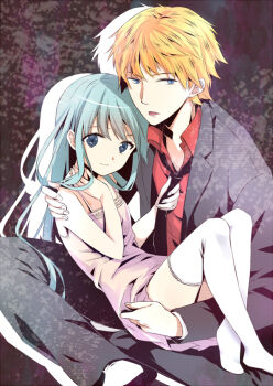 1boy 1girl black_jacket blonde_hair blue_eyes blue_hair carrying closed_mouth collared_shirt commentary dress english_commentary jacket long_hair no_shoes open_clothes open_jacket original pink_dress red_shirt shirt short_hair smile thighhighs tojo_(natumi1412) white_thighhighs