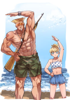 Rule 34 | 1boy, 1girl, :o, abs, american flag, american flag tattoo, armpits, bara, beach, blonde hair, camouflage, camouflage shorts, capcom, character request, dog tags, father and daughter, feet out of frame, flattop, guile, gun, gun on back, hand on own hip, highres, large pectorals, lifeguard, muscular, muscular male, navel, pectorals, short hair, shorts, street fighter, stretching, tattoo, topless male, weapon, weapon on back, whistle, yuiofire