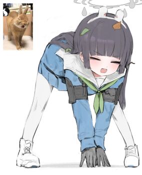 1girl absurdres animal_ears bent_over black_gloves black_hair blue_archive blue_serafuku closed_eyes fake_animal_ears gloves green_neckerchief grey_halo halo hands_on_ground highres leaf leaf_on_head long_hair miyu_(blue_archive) neckerchief open_mouth pantyhose photo-referenced rabbit rabbit_ears reference_inset school_uniform serafuku simple_background solo ura_mieu white_background white_pantyhose