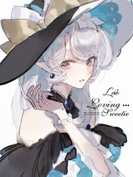 1girl bare_shoulders bead_bracelet beads black_hat blue_dress blue_eyes bow bracelet brown_gloves dress fishnet_gloves fishnets gloves grey_hair hand_up hat hat_bow highres jewelry long_hair long_sleeves loobookk looking_at_viewer off-shoulder_dress off_shoulder original parted_bangs parted_lips pointy_ears portrait simple_background solo watermark white_background wide_sleeves yellow_bow