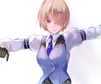 >:) 1girl alternate_costume black_gloves blonde_hair blue_necktie blue_vest breasts closed_mouth collared_shirt commentary_request earclip gloves hair_over_one_eye heaven_burns_red highres jewelry juliet_sleeves kayamori_ruka lips long_bangs long_sleeves looking_at_viewer medium_breasts necklace necktie one_eye_covered outstretched_arms oyama_sou puffy_sleeves red_eyes shirt short_hair simple_background smile solo twitter_username upper_body v-shaped_eyebrows vest white_background white_shirt