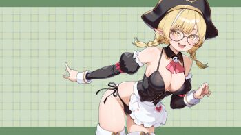 1girl 4ddd absurdres apron bare_shoulders black_panties blonde_hair boots braid breasts cleavage collarbone commentary commission corset detached_collar detached_sleeves english_commentary frilled_apron frilled_sleeves frills glitch_stars hat highres kanna_yanagi long_hair looking_at_viewer medium_breasts open_mouth panties pirate pirate_hat pixiv_commission pointy_ears side-tie_panties skindentation solo teeth thigh_boots twin_braids underwear upper_body upper_teeth_only yellow_eyes
