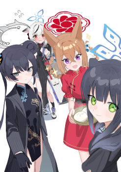 4girls absurdres animal_ears awei_(aweirua) blue_archive china_dress chinese_clothes dress food fox_ears full_body highres kisaki_(blue_archive) kokona_(blue_archive) looking_at_viewer multiple_girls rumi_(blue_archive) rumi_(small)_(blue_archive) shun_(blue_archive) shun_(small)_(blue_archive) simple_background standing white_background