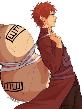 Rule 34 | 1boy, bakapandy, black eyeliner, coat, commentary, english commentary, eyeliner, from side, frown, gaara (naruto), highres, jug (bottle), makeup, male focus, naruto (series), naruto shippuuden, red coat, red hair, solo, tumblr username