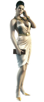 1girl 3d breasts dress excella_gionne female_focus full_body hair_bun no_bangs official_art resident_evil resident_evil_5 simple_background single_hair_bun solo standing white_background white_dress