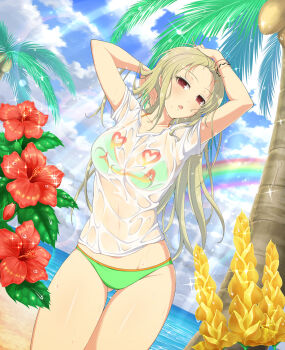 1girl :o adjusting_hair beach bikini bikini_under_clothes blonde_hair blue_sky blush bracelet breasts cleavage cloud cloudy_sky coconut coconut_tree day flower flower_request gluteal_fold green_bikini groin hair_ornament hairclip hands_in_own_hair heart heart-shaped_eyes heart_print hibiscus highres horizon jewelry large_breasts leaf lens_flare light_rays linea_alba long_hair looking_at_viewer mole mole_under_mouth navel ocean official_art open_mouth orange_trim outdoors palm_leaf palm_tree rainbow red_eyes sand see-through_clothes see-through_shirt senran_kagura senran_kagura_new_wave senran_kagura_shinovi_versus shiki_(senran_kagura) shiny_skin shirt sky smiley_face smiley_print solo sparkle standing sunbeam sunlight swimsuit t-shirt tree tropical water water_drop wet wet_clothes wet_hair wet_shirt white_shirt