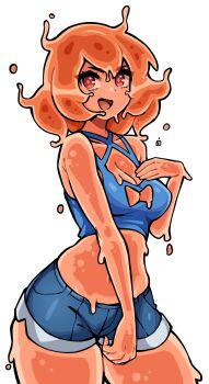 Rule 34 | 1girl, blue shorts, breasts, clothing cutout, colored skin, commentary, commission, cowboy shot, crop top, double-parted bangs, english commentary, hand on own chest, highres, looking at viewer, medium breasts, midriff, monster girl, oninuer, open mouth, orange hair, orange skin, original, red eyes, short hair, short shorts, shorts, simple background, slime girl, smile, solo, white background