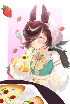 1girl absurdres animal_ears black_hair blush breasts closed_eyes closed_mouth eating food fruit hair_ornament hair_over_one_eye highres horse_ears horse_tail long_hair low_twintails official_alternate_costume pizza rice_shower_(umamusume) rice_shower_(yummy_dreamy_fairy)_(umamusume) simple_background small_breasts solo strawberry tail twintails umamusume user_zyup3257