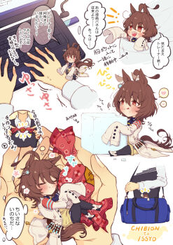1boy 1girl :t absurdres afterimage agnes_tachyon_(tach-nology)_(umamusume) agnes_tachyon_(umamusume) ahoge animal_ears bag black_footwear breast_pocket brown_eyes brown_hair candy candy_wrapper chabo_24 commentary_request computer duffel_bag ear_wiggle earrings eating flash_drive food food_on_face hair_between_eyes heart highres horse_ears horse_girl horse_tail huge_ahoge jewelry lab_coat laptop long_sleeves medium_hair messy_hair mini_person minigirl motion_lines multiple_views notice_lines open_mouth pocket pov pov_hands romaji_text shoes shoulder_bag single_earring sleeping sleeves_past_fingers sleeves_past_wrists speech_bubble spoken_heart sugar_cube sweatdrop sweater tail thought_bubble tongue tongue_out trainer_(umamusume) translation_request typing umamusume white_footwear wrapped_candy yellow_sweater