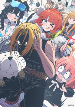 Rule 34 | !, > <, 2boys, 5girls, ?, akekuri (arknights), animal ears, anya (spy x family), arknights, arknights: endfield, belt, black dress, black hair, black pants, black shirt, blonde hair, blue archive, blue eyes, bondman (spy x family), boots, breasts, brown hair, cleavage, closed mouth, commentary request, crossover, detached collar, diffraction spikes, dog, dog ears, dog girl, dog tail, dress, drooling, edward elric, eyes in shadow, eyewear on head, fingerless gloves, fullmetal alchemist, glasses, gloves, grey gloves, grey hair, halo, hand on another's shoulder, hands on own head, heart, heart-shaped pupils, hibiki (blue archive), highres, holo, index finger raised, iohc choi, jacket, kneeling, long hair, mechanical arms, mouth drool, multiple boys, multiple girls, nervous sweating, open mouth, pants, pink jacket, prosthesis, prosthetic arm, ptsd, red hair, shaded face, shirt, short hair, shou tucker, signature, single mechanical arm, smile, speech bubble, spice and wolf, spoken question mark, spy x family, sunglasses, surprised, sweat, symbol-shaped pupils, tail, thought bubble, thumbs up, tray, umika (blue archive), wolf ears