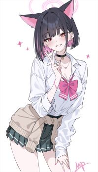 1girl animal_ears blue_archive brown_cardigan cardigan cardigan_around_waist cat_ears clothes_around_waist commentary_request extra_ears highres kazusa_(blue_archive) looking_at_viewer marisasu_(marisa0904) multicolored_hair pleated_skirt red_eyes school_uniform shirt short_hair simple_background skirt smile solo standing thighs two-tone_hair white_background white_shirt