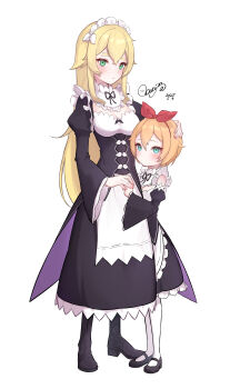 2girls absurdres alternate_costume apron black_dress black_ribbon blonde_hair blue_eyes blush bonjin_a1119 boots bow bow_hairband breasts cleavage closed_mouth detached_sleeves dress enmaided frederica_baumann frills full_body green_eyes hair_between_eyes hair_flaps hair_ribbon hairband hand_on_another&#039;s_head highres holding_hands juliet_sleeves long_hair long_sleeves looking_at_viewer maid maid_apron maid_headdress mary_janes medium_breasts multiple_girls neck_ribbon orange_hair pantyhose petra_leyte puffy_sleeves re:zero_kara_hajimeru_isekai_seikatsu red_hairband red_ribbon ribbon roswaal_mansion_maid_uniform shoes short_hair signature standing very_long_hair waist_apron white_apron white_background white_bow white_pantyhose wide_sleeves
