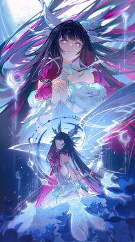 1girl aoma_(xuanzexuexi) bare_shoulders black_hair closed_eyes closed_mouth columbina_(genshin_impact) commentary dress eye_mask feathered_wings field flower flower_field genshin_impact head_wings highres long_hair mask multicolored_hair multiple_views open_mouth own_hands_together purple_eyes purple_hair sitting smile solo streaked_hair symbol-only_commentary two-tone_hair very_long_hair wariza white_dress white_wings wings