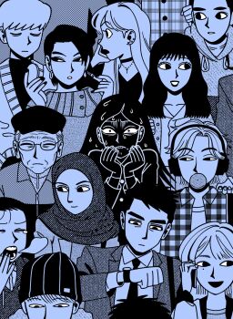 6+boys 6+girls biting_own_lip blowing_bubble_gum blowing_bubbles cellphone chewing_gum clenched_teeth closed_eyes closed_mouth coat cross cross_necklace ear_piercing earrings flannel glasses hat headphones highres hijab hoop_earrings jadoochicken jewelry lipstick long_hair long_sleeves looking_at_another makeup mole mole_under_eye monochrome multiple_boys multiple_girls nail_polish necklace open_mouth original parted_lips phone piercing semi-rimless_eyewear short_hair smartphone smile sweat teeth under-rim_eyewear unmoving_pattern watch wristwatch