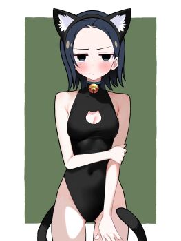 animal_ears bell black_hair black_leotard blue_eyes breasts cat_cutout cat_ears cat_tail cleavage_cutout closed_eyes clothing_cutout comoli_harcourt gluteal_fold green_background gundam gundam_gquuuuuux heattech_leotard highleg highleg_leotard highres jingle_bell leotard medium_breasts sabi1234 short_hair tail turtleneck two-tone_background