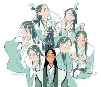 1boy alt_text angry black_hair chinese_clothes closed_eyes commentary crying curly_eyebrows despair english_commentary exhausted expressionless flying_sweatdrops folding_fan frustrated green_hanfu hair_ornament hand_fan hands_in_own_hair hanfu hawberries layered_clothes long_hair male_focus multiple_expressions multiple_views renzha_fanpai_zijiu_xitong scared shen_qingqiu shouting signature simple_background streaming_tears sweatdrop tears upper_body white_background wide-eyed wide_sleeves xiao_guan_(headdress)