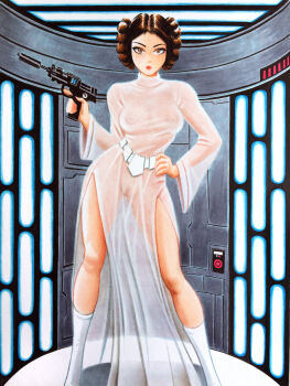 1girl absurdres adan_vazquez adapted_costume brown_eyes brown_hair dress gun highres holding holding_gun holding_weapon looking_at_viewer marker_(medium) nipples princess_leia pussy see-through_clothes see-through_dress solo star_wars star_wars:_a_new_hope traditional_media weapon white_dress