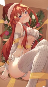 1girl absurdres ahoge arms_behind_back bare_shoulders blue_eyes blush bound bound_wrists bow box breasts cardboard_box christmas cleavage closed_mouth commentary curvy detached_sleeves embarrassed eyebrows_hidden_by_hair eyelashes feet_out_of_frame go-toubun_no_hanayome hair_between_eyes hair_ornament hair_over_shoulder hat head_tilt highres in_box in_container indoors knees_together_feet_apart large_breasts long_hair long_sleeves looking_at_viewer lying nakano_itsuki navel nose_blush on_side profnote red_hair ribbon santa_hat sidelocks solo star_(symbol) star_hair_ornament thighs tsurime underboob very_long_hair virgin_destroyer_sweater white_bow yellow_ribbon