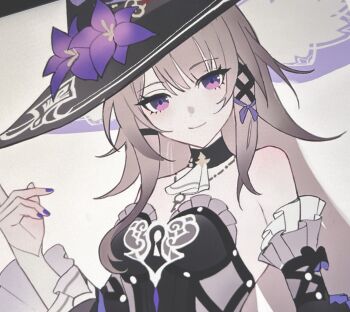 1girl bare_shoulders breasts brown_hair closed_mouth colored_eyebrows commentary hair_ornament hand_up herta_(honkai:_star_rail) highres honkai:_star_rail honkai_(series) jewelry key key_necklace long_hair looking_at_viewer mi505521 multicolored_eyes nail_polish necklace necktie purple_eyes small_breasts smile symbol-only_commentary the_herta_(honkai:_star_rail) very_long_hair