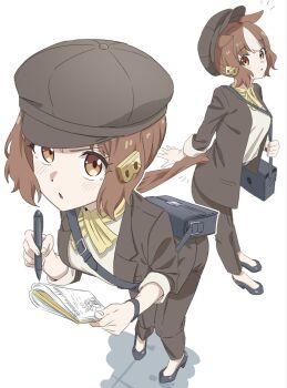 1girl animal_ears bag belno_light_(umamusume) blush bow breasts brown_hair brown_jacket brown_pants disguise drawing_(object) ear_ribbon ears_under_headwear food hair_ornament hat high_heels highres holding holding_notebook holding_pen horse_ears horse_girl horse_tail jacket kazoku_chicken leaning_forward long_sleeves looking_at_viewer medium_breasts multicolored_hair notebook oguri_cap_(umamusume) onigiri open_clothes open_jacket open_mouth pants pen scarf shirt shoes short_hair shoulder_bag simple_background tail two-tone_hair umamusume umamusume:_cinderella_gray white_background white_hair white_shirt wristband yellow_scarf