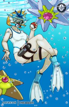 1girl absurdres air_bubble alternate_color artist_name bare_arms bare_shoulders breasts bubble collarbone competition_swimsuit crossover diving_mask diving_mask_on_head evolutionary_line fins flippers freediving full_body gen_1_pokemon goggles goggles_on_head hand_up head_fins highres holding holding_poke_ball holster medium_breasts misty_(pokemon) nintendo one-piece_swimsuit orange_hair poke_ball poke_ball_(basic) pokemon pokemon_(creature) pokemon_gsc pokemon_hgss pouch print_swimsuit short_hair snorkel starmie staryu swimsuit thearashi thigh_holster thigh_pouch thigh_strap underwater white_one-piece_swimsuit