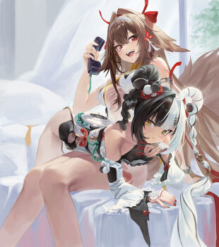 2girls absurdres ahoge aqua_nails armlet bare_shoulders black_hair braid braided_twintails breasts brown_hair brown_tail china_dress chinese_clothes collarbone commentary corded_phone cowboy_shot curtains dialyn_(zenless_zone_zero) dress droopy_ears english_commentary hair_extensions hair_ornament hairband hairclip highres holding holding_phone indoors jewelry leg_tattoo long_hair looking_to_the_side lying lying_on_lap medium_breasts momo_(2240807) multicolored_hair multicolored_nails multiple_girls on_bed on_stomach open_mouth parted_lips phone red_eyes red_nails ring_hair_extensions see-through_clothes silver_armlet sitting split-color_hair tail tattoo very_long_hair white_hair white_hairband window wire ye_shunguang yellow_eyes zenless_zone_zero