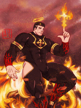 1boy bara black_bodysuit black_hair bodysuit bulge cheekbones clothing_cutout covered_abs cross feet_out_of_frame fire flaming_halo halo housuke67 index_finger_raised large_pectorals looking_ahead male_focus mature_male muscular muscular_male pectorals pyrokinesis short_hair solo strongman_waist thick_eyebrows thick_thighs thigh_cutout thighs tokyo_houkago_summoners tsurime yellow_eyes zabaniyya_(housamo)