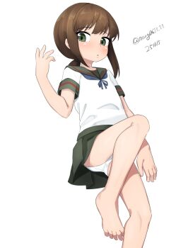 1girl absurdres barefoot black_sailor_collar black_skirt breasts brown_hair dated fubuki_(kancolle) fubuki_kai_ni_(kancolle) green_eyes highres kantai_collection low_ponytail lying maru_(marg0613) medium_breasts nail_polish one-hour_drawing_challenge panties pleated_skirt ponytail rednails sailor_collar sailor_shirt school_uniform serafuku shirt sidelocks simple_background skirt solo toenail_polish toenails underwear white_background white_panties white_shirt