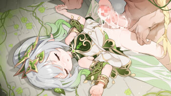 1boy 1girl aether_(genshin_impact) aftersex age_difference blonde_hair blvefo9 bracelet braid censored closed_eyes clothed_female_nude_male cum cum_on_body dress genshin_impact gradient_hair green_hair grey_hair jewelry loli long_hair lying mosaic_censoring multicolored_hair nahida_(genshin_impact) nude on_back penis side_ponytail sleep_molestation sleeping solo_focus white_dress