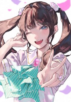 1girl animification ascot blue_eyes brown_hair commentary dream_believers dress flower green_ascot hair_flower hair_ornament highres kan_kanna link!_like!_love_live! long_hair looking_at_viewer love_live! pink_dress pink_flower pinstripe_ascot real_life saidamoosu short_sleeves solo twintails upper_body v voice_actor