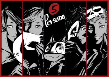 >:3 10s 1girl 3boys :3 amamiya_ren border cat copyright_name domino_mask eye_mask fox_(persona_5) hi_(ibisf5umauma) joker_(persona_5) kitagawa_yuusuke looking_at_viewer mask monochrome morgana_(persona_5) multiple_boys panther_(persona_5) persona persona_5 red_border red_theme sakamoto_ryuuji skull_(persona_5) split_screen takamaki_anne unworn_mask v-shaped_eyebrows