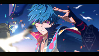 1boy bird blue_hair blue_hat blue_shirt blurry blurry_background blurry_foreground brant_(wuthering_waves) collarbone commentary confetti depth_of_field earrings english_commentary eye_mask grin hair_between_eyes half_mask hand_up hat hat_loss highres jewelry letterboxed long_sleeves looking_at_viewer male_focus mask multicolored_hair multicolored_shirt open_clothes open_shirt outdoors puffy_long_sleeves puffy_sleeves purple_eyes purple_streaks sae_naiyatsu shirt short_hair smile solo streaked_hair stud_earrings teeth thumb_hole_sleeves toned toned_male tricorne unworn_hat unworn_headwear unworn_mask upper_body very_short_hair watermark wind wuthering_waves